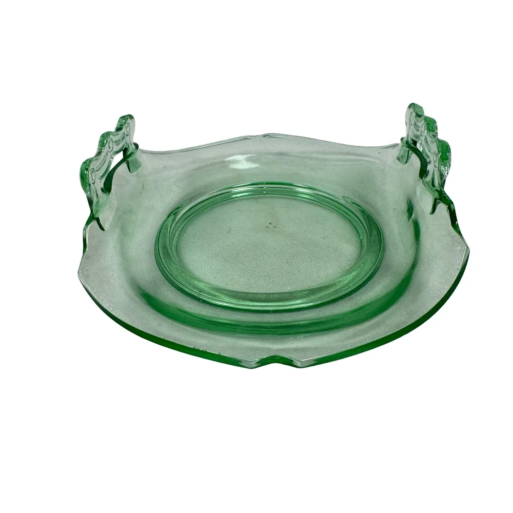 Vintage Uranium Depression Glass Bon Bon Dish Tray Green Glows UV Curved Handles